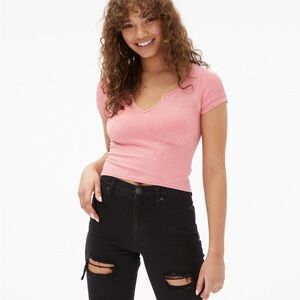 Aeropostale Seriously Soft Pink Coral Acid Wash Seamless Notch-Neck Cropped